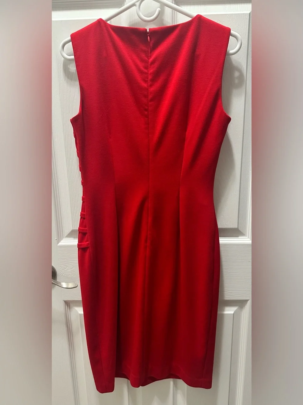 Calvin Klein Red One-Shoulder-Inspired Sheath Dress with Diagonal Pleats - Picture 3 of 3